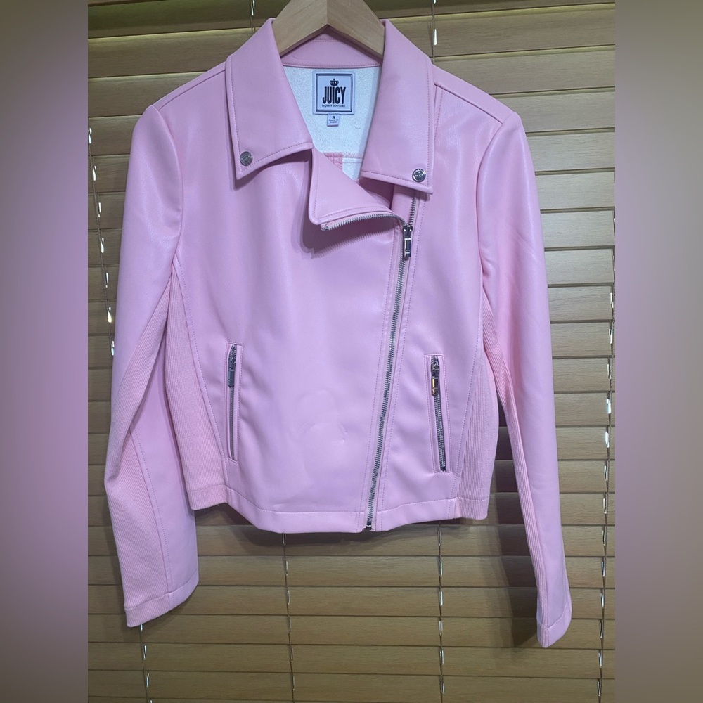 Juicy Couture Pink Vegan Leather Motorcycle Jacket S- slight impression on front